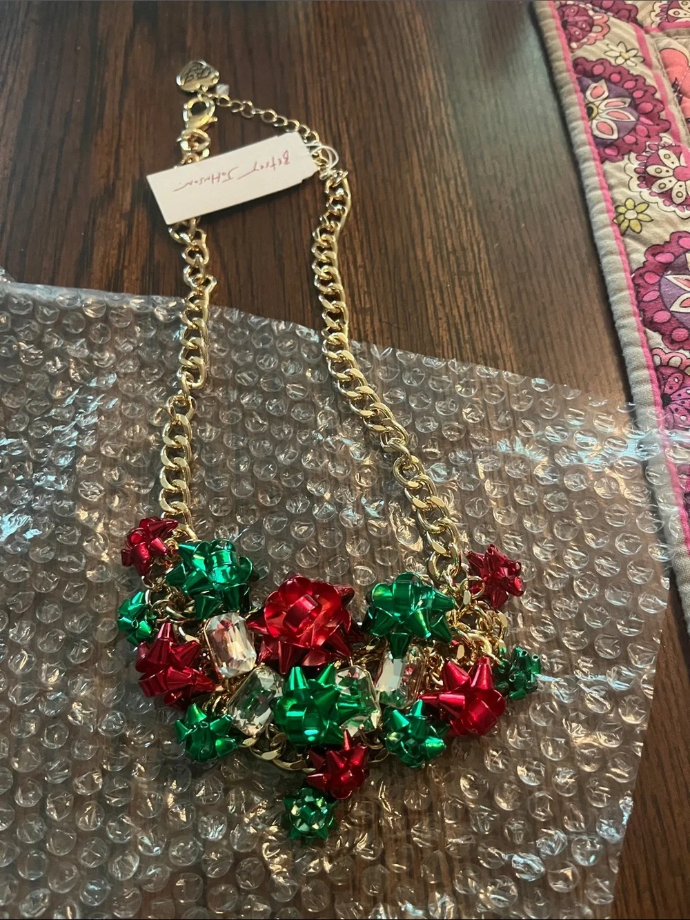 Betsey Johnson Gold-tone Necklace with Red & Green Bow Embellishments